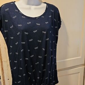 Navy Blue Women's Top with Glasses Print